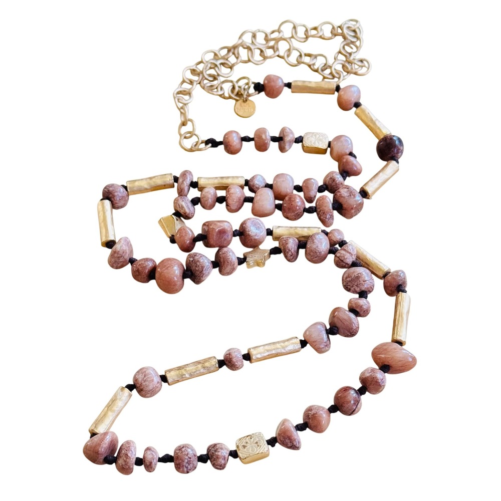 LOL Bijoux Jasper Stone Necklace Boho Satin Gold‎ Tone Bold Chunky Long Flapper